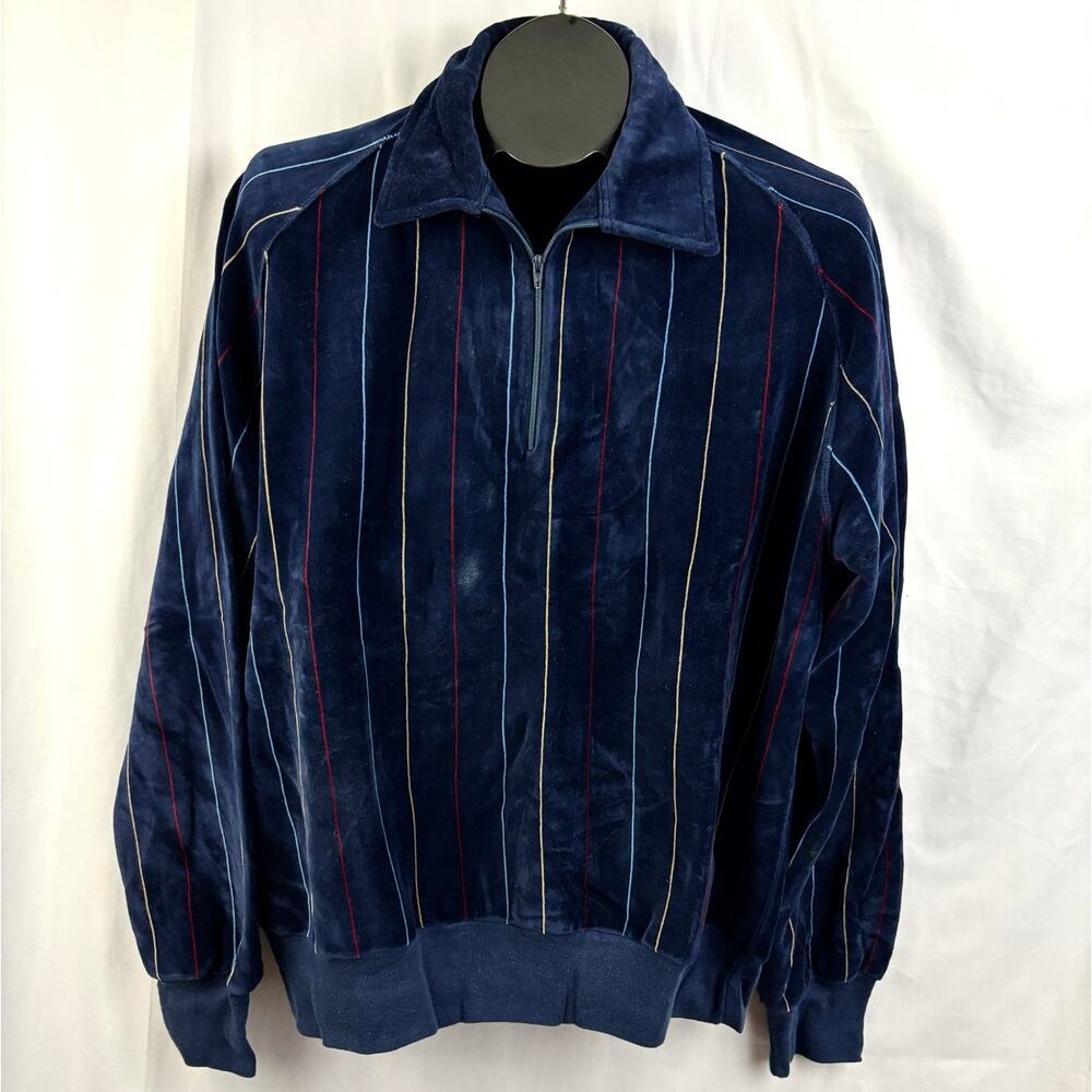 VTG 80s‎ 90s Sans Belt Sport L Blue Velour 1/4 Zip Pullover Shirt Brazil Cotton